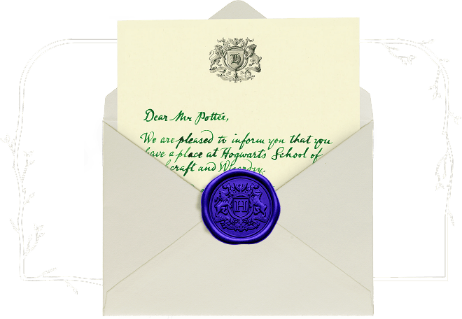 The redesigned Hogwarts acceptance letter for the HBO series, written in green ink and sealed with blue-violet wax